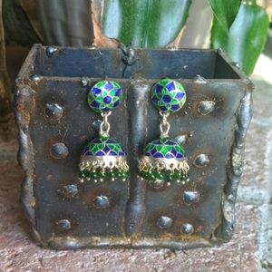 Blue and green enamel sterling silver earrings India